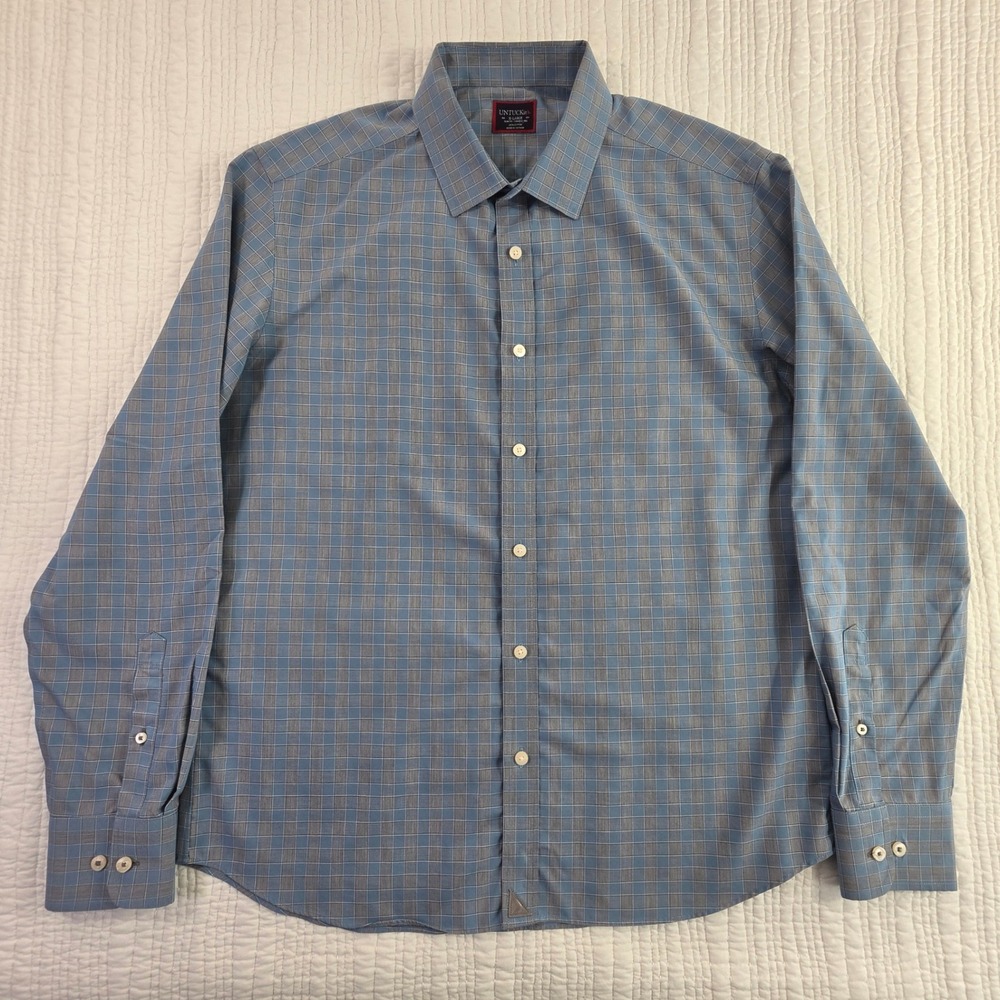UNTUCKit Buriano XL Slim Fit Blue Grey Plaid Button Down Casual Woven Top